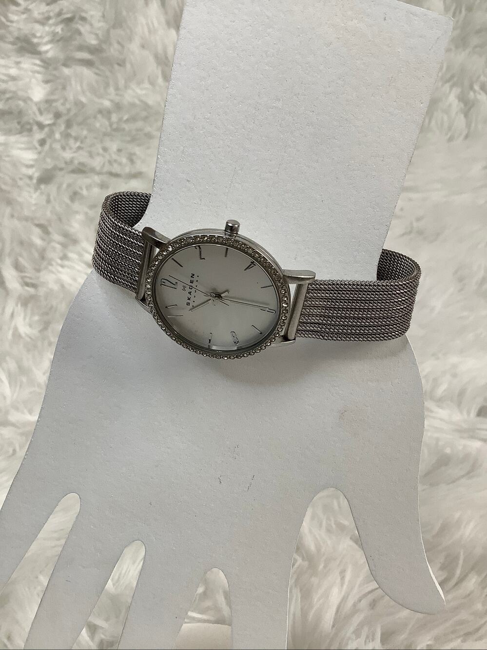 Skagen Silver Stainless Steel Mesh Band Pave Crystal Analog Quartz Watch A5-8